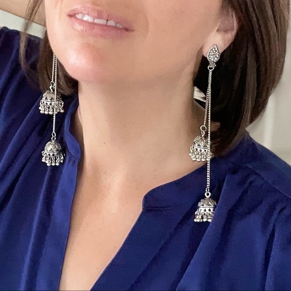 Bollywood-inspired Silver Jhumka Earrings with Elegant Duster Length Design - Picture 6 of 12